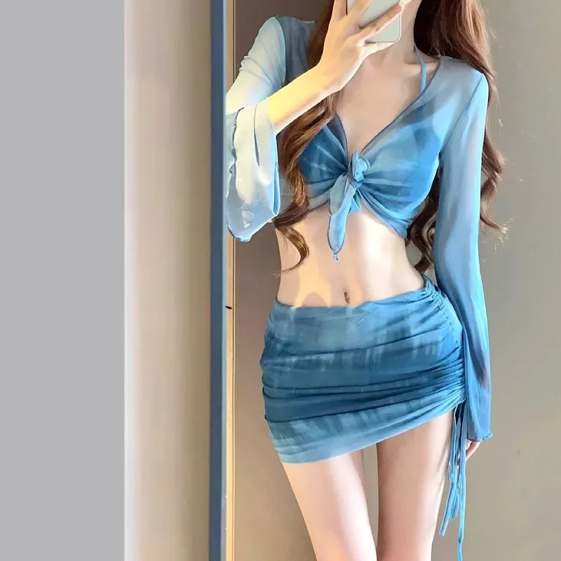 Koreańskie bikini 4-częściowe z plisowaną spódnicą Niebieski