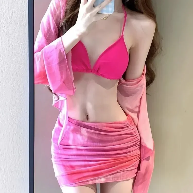 Koreańskie bikini 4-częściowe z plisowaną spódnicą Różowy