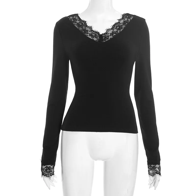 Koronkowa bluzka z dekoltem V odsłaniająca pępek crop top Beżowy