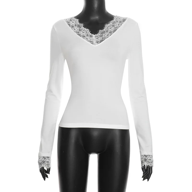 Koronkowa bluzka z dekoltem V odsłaniająca pępek crop top Czarny