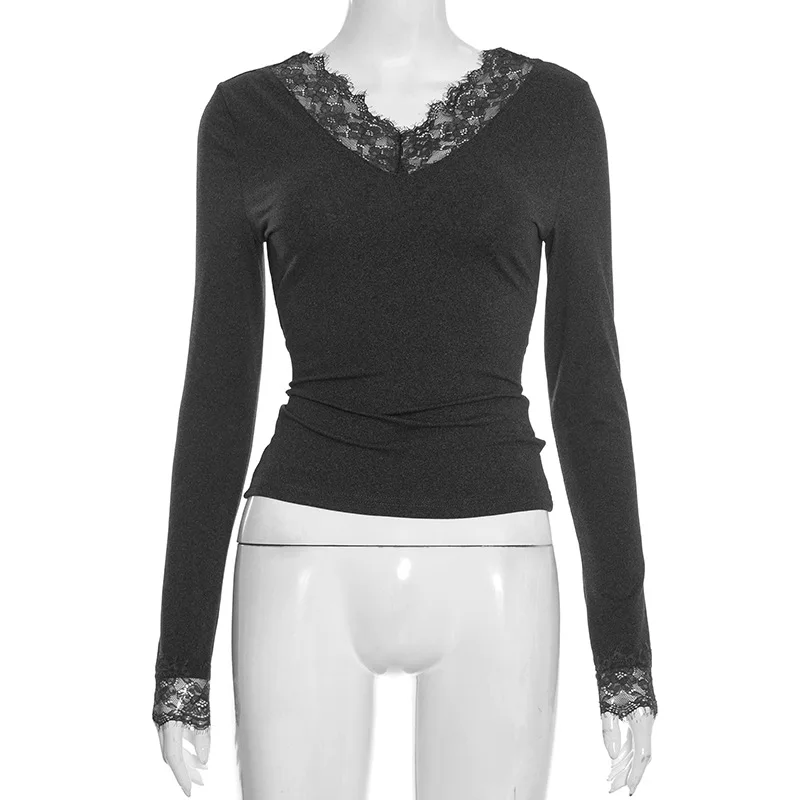 Koronkowa bluzka z dekoltem V odsłaniająca pępek crop top Granatowy