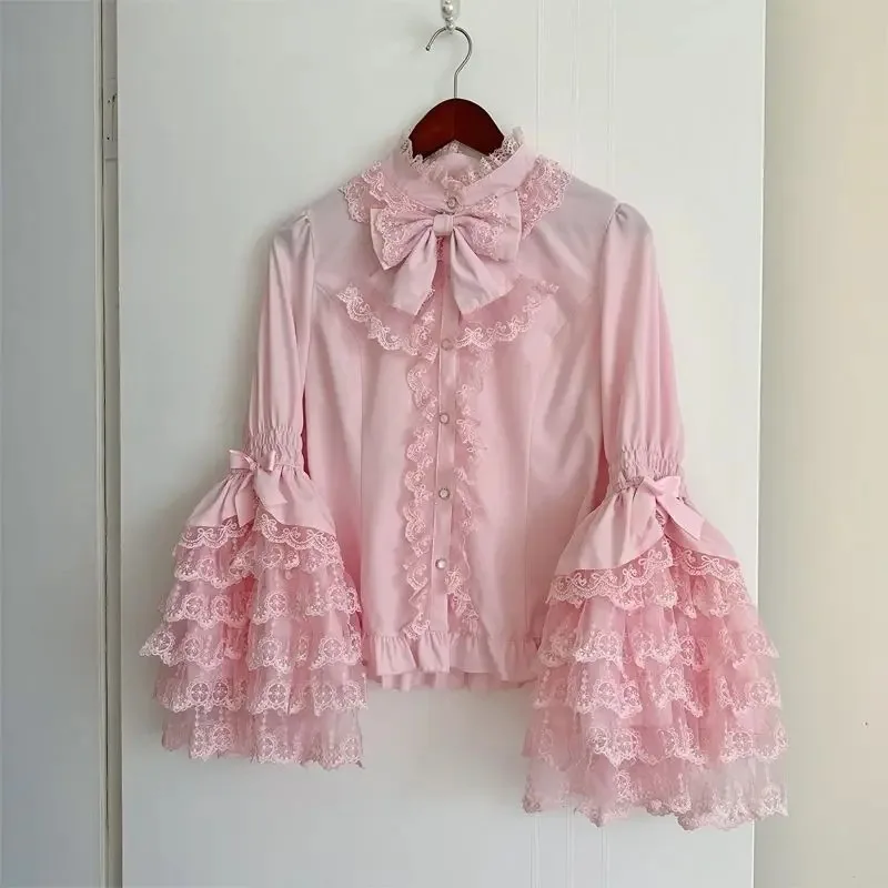 Koronkowa bluzka z kokardą w stylu lolita z długim rękawem Bordowy