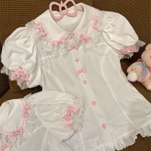 Koronkowa bluzka z kokardą w stylu lolita z długim rękawem Khaki