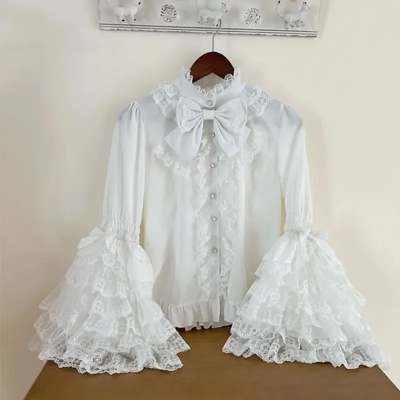 Koronkowa bluzka z kokardą w stylu lolita z długim rękawem Mięta
