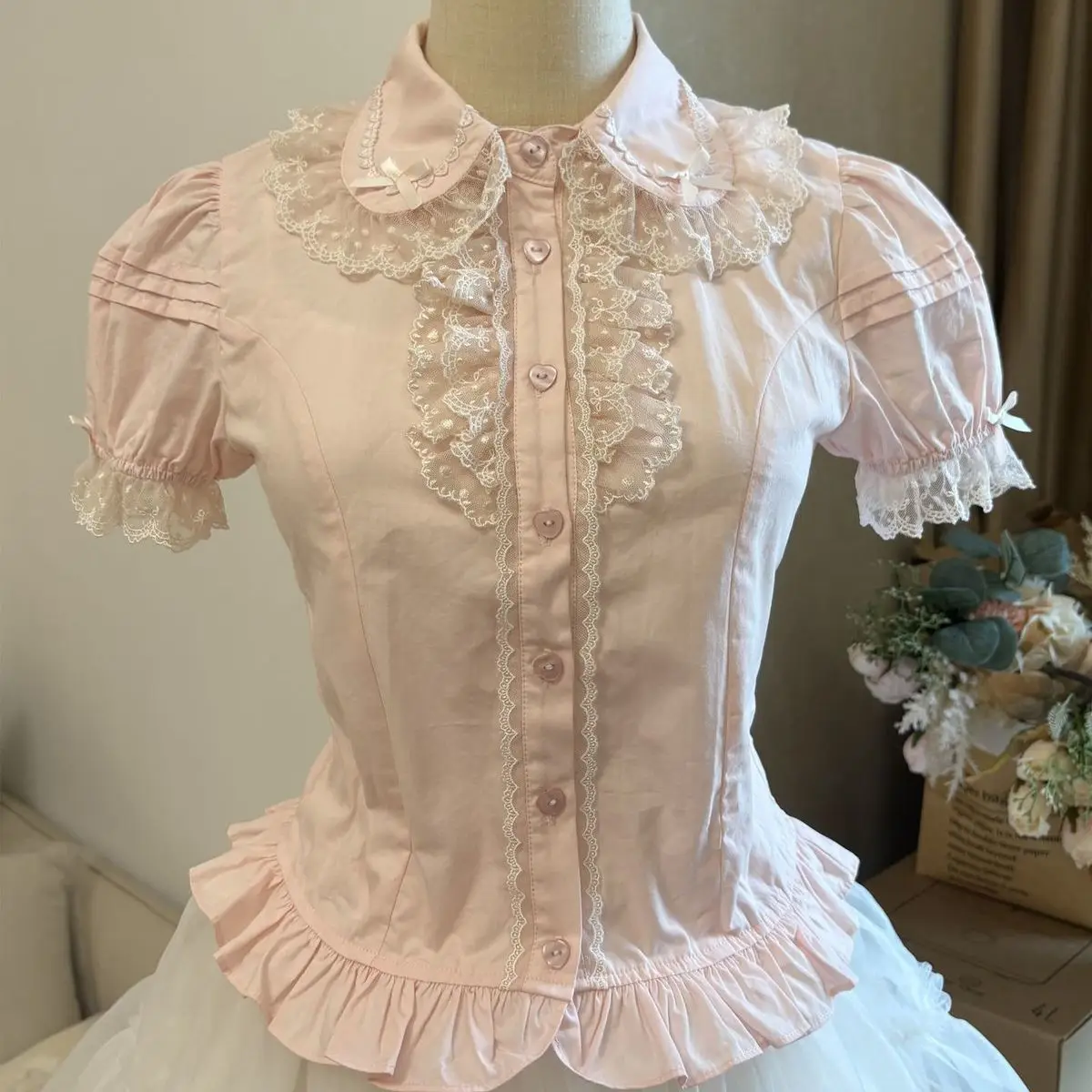 Koronkowa bluzka z kokardą w stylu lolita z długim rękawem Różowy