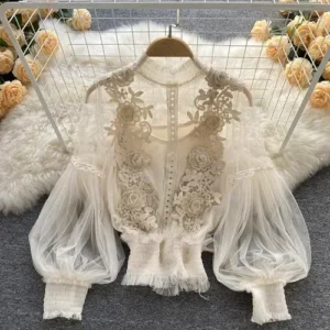 Koronkowa bluzka vintage z długim rękawem elegancka femme Kremowo biały