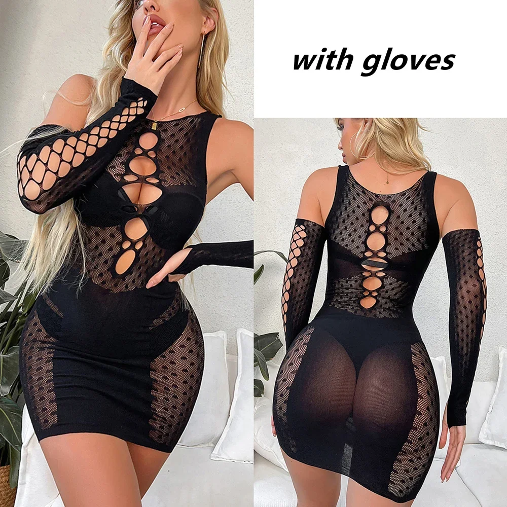 Koronkowa koszulka nocna babydoll z siateczką Czarny