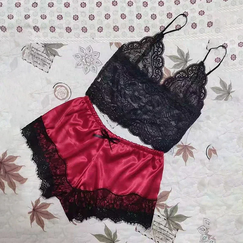 Koronkowa piżama damska babydoll - top i szorty Czerwony