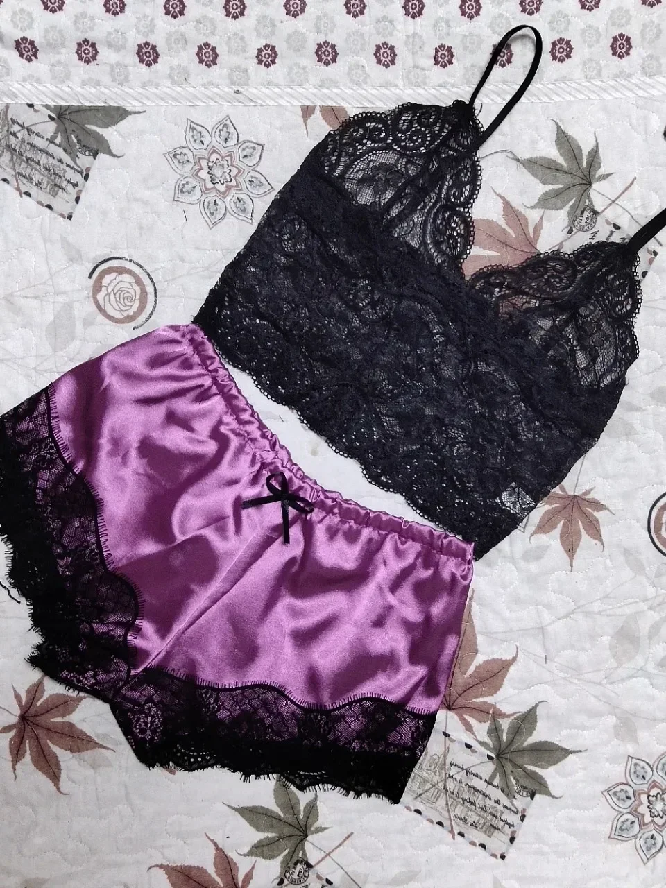 Koronkowa piżama damska babydoll - top i szorty Fioletowy