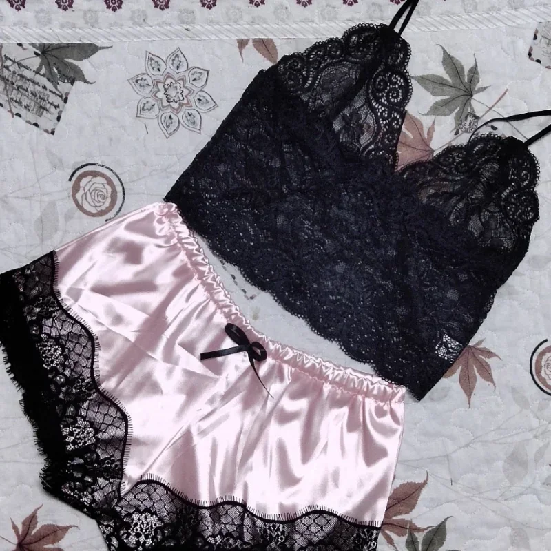 Koronkowa piżama damska babydoll - top i szorty Różowy