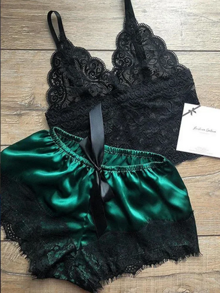 Koronkowa piżama damska babydoll - top i szorty Zielony