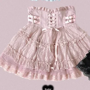 Koronkowa spódnica mini lolita z wiązaniem i sercem Różowy
