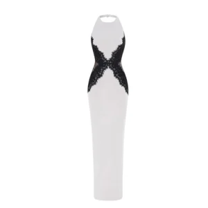 Elegancka koronkowa sukienka maxi z odkrytymi plecami Beżowy