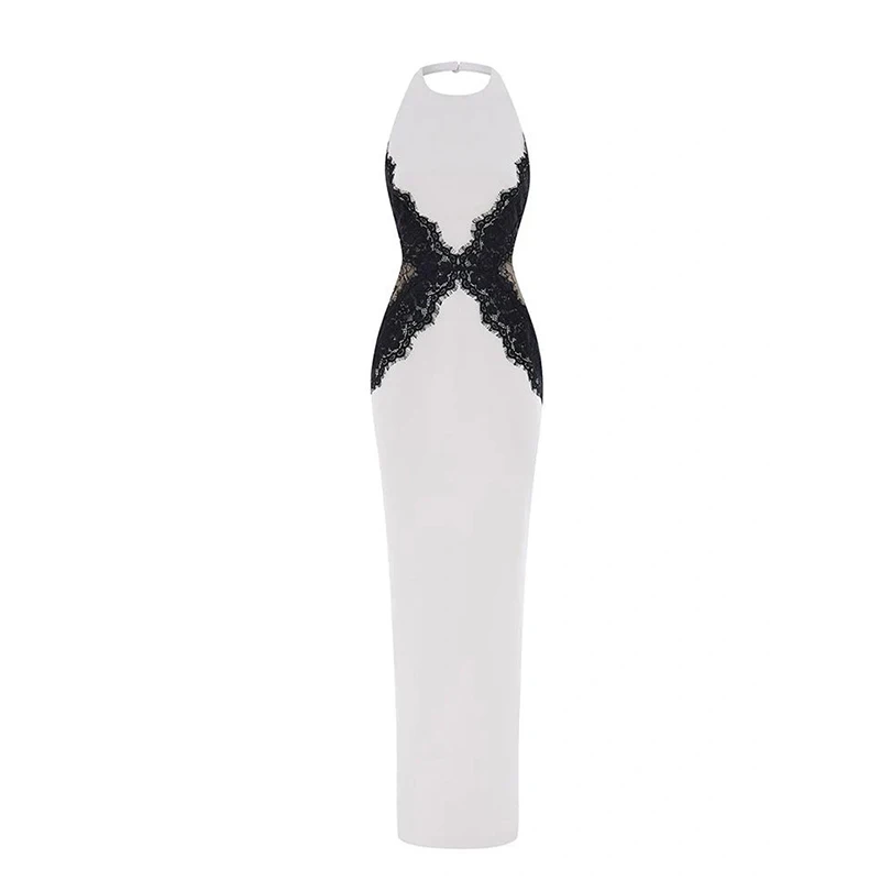 Elegancka koronkowa sukienka maxi z odkrytymi plecami Beżowy