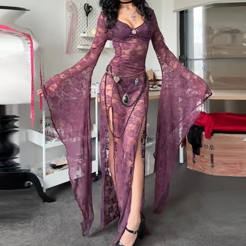 Koronkowa sukienka maxi w stylu gotyckim Fuksja