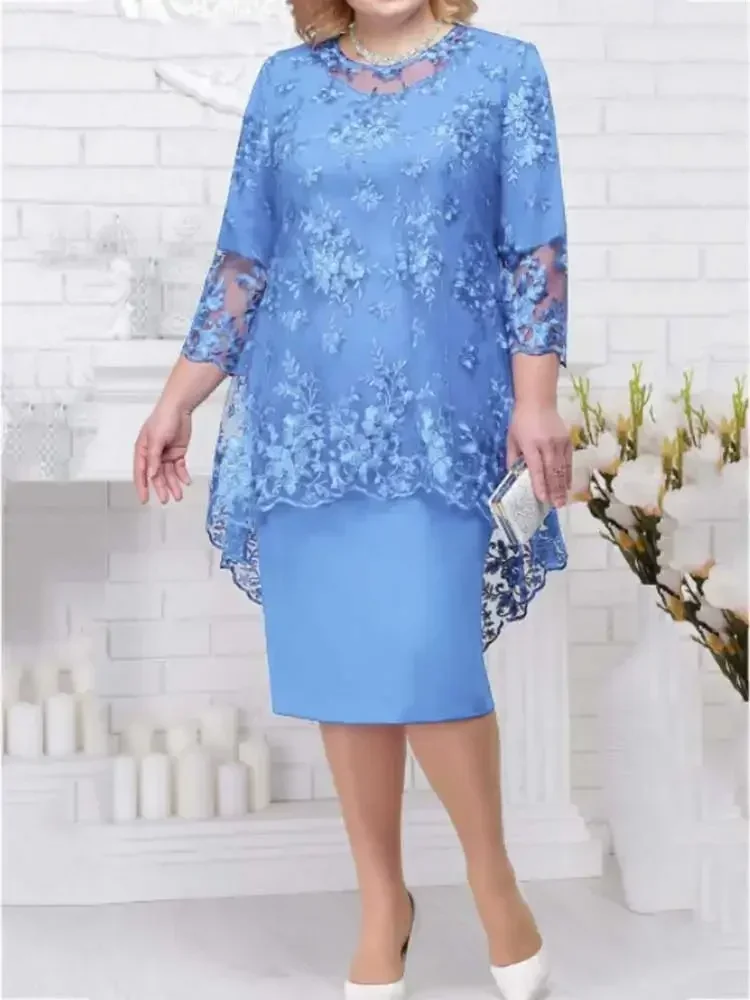 Koronkowa sukienka midi elegancka z okrągłym dekoltem Beżowy