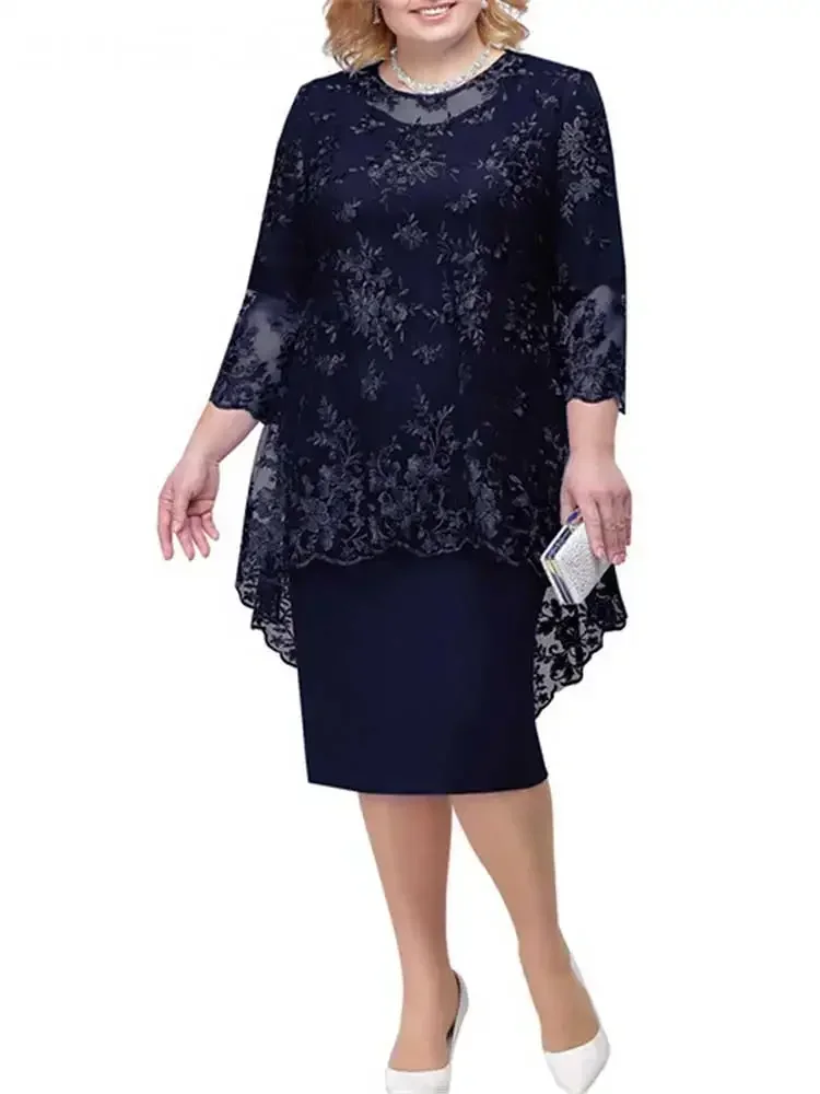 Koronkowa sukienka midi elegancka z okrągłym dekoltem Błękitny