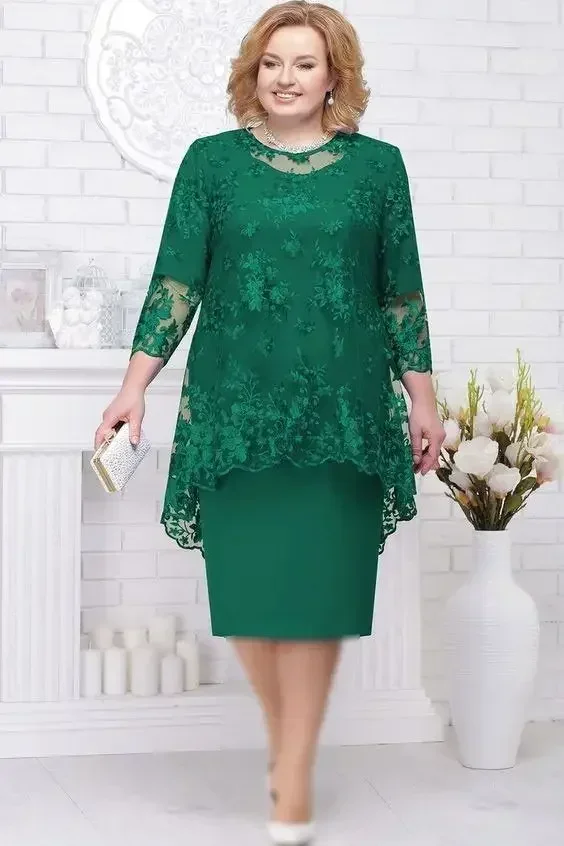 Koronkowa sukienka midi elegancka z okrągłym dekoltem Zielony