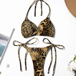 Koronkowe bikini z wiązaniem na szyi, dwuczęściowe Szampan