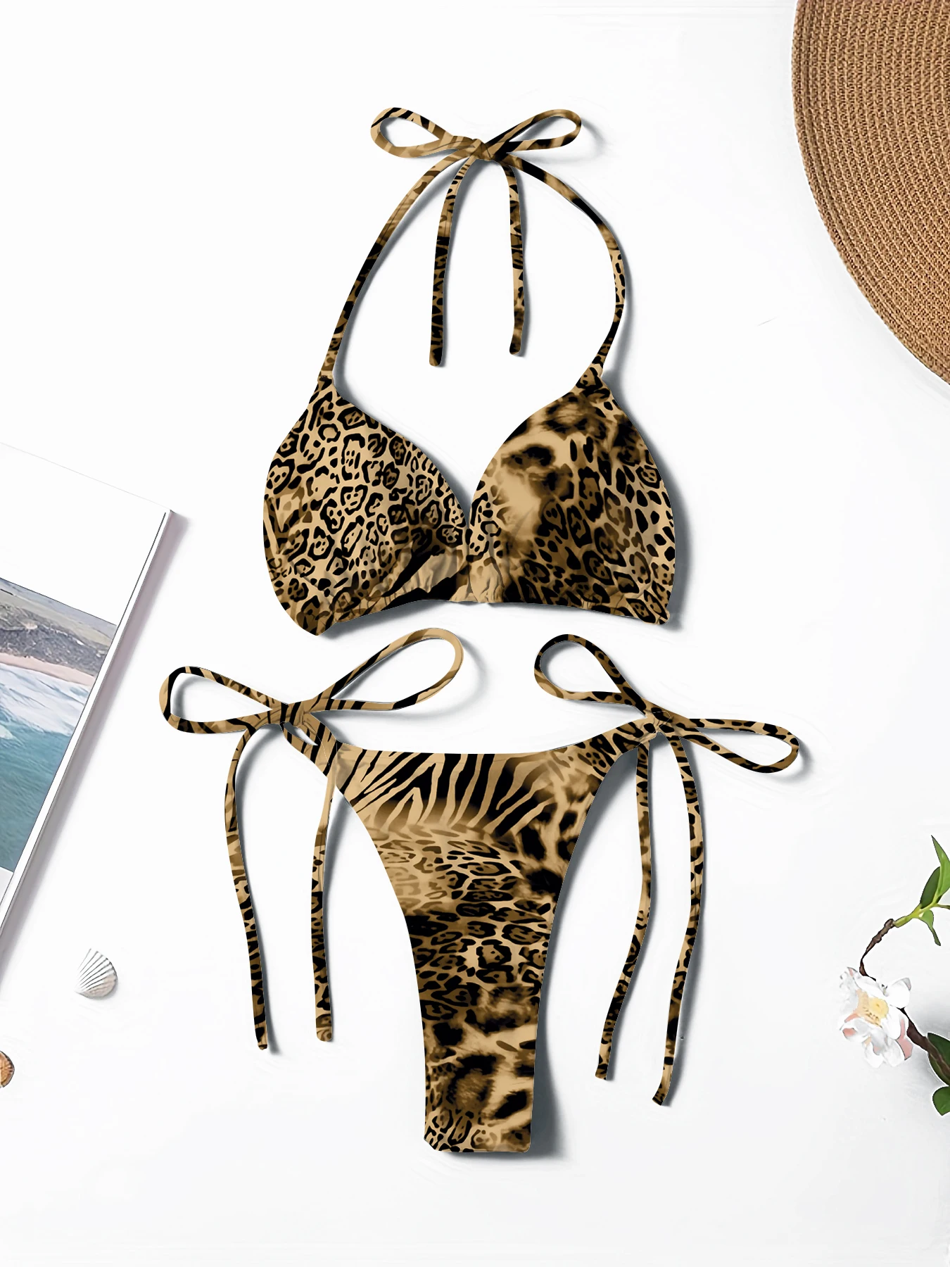 Koronkowe bikini z wiązaniem na szyi, dwuczęściowe Szampan