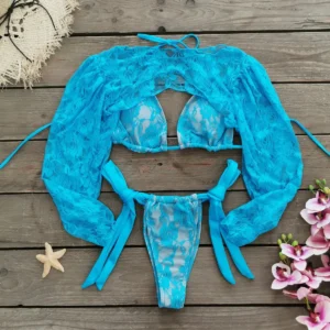 Koronkowe bikini z długim rękawem i cover up Niebieski
