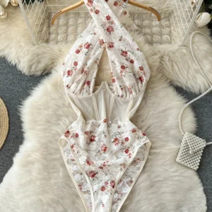 Koronkowe body damskie halter z kwiatowym wzorem Beżowy