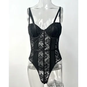 Koronkowe body z prążkowanej dzianiny – elegancki top damski Czarny