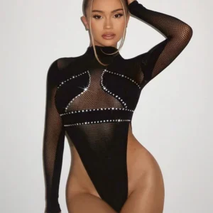 Koronkowe body z siateczki z cyrkoniami Czarny