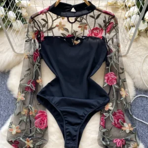 Koronkowe body ze stójką i długim rękawem vintage Czarny