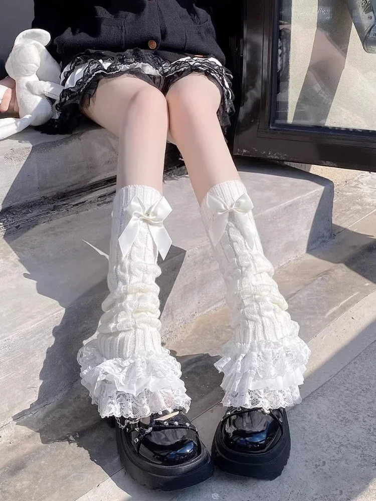 Koronkowe getry Harajuku do kolan Y2K z falbanką Czarny