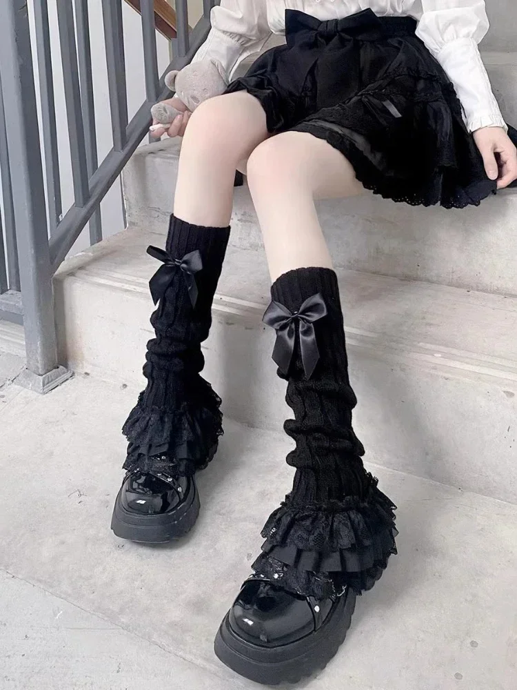 Koronkowe getry Harajuku do kolan Y2K z falbanką Niebieski