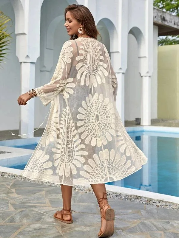 Koronkowe kimono plażowe - narzutka na strój kąpielowy Beżowy