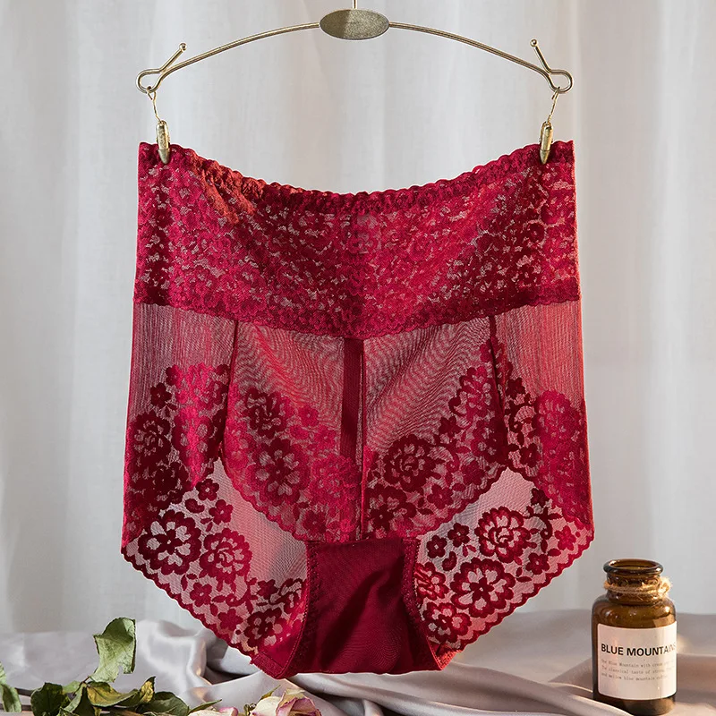 Koronkowe majtki modelujące z wysokim stanem plus size Burgundia