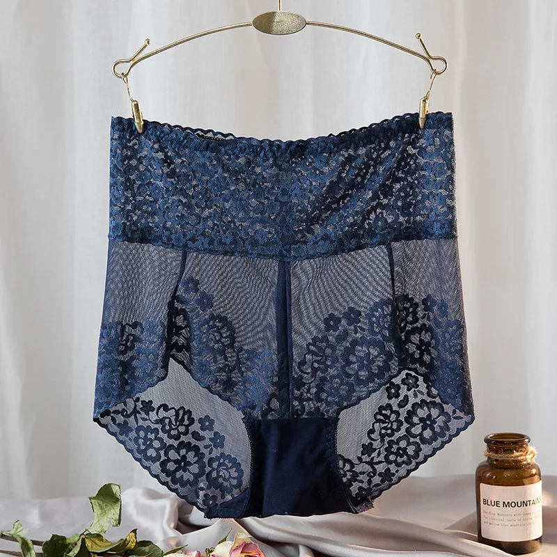 Koronkowe majtki modelujące z wysokim stanem plus size Niebieski