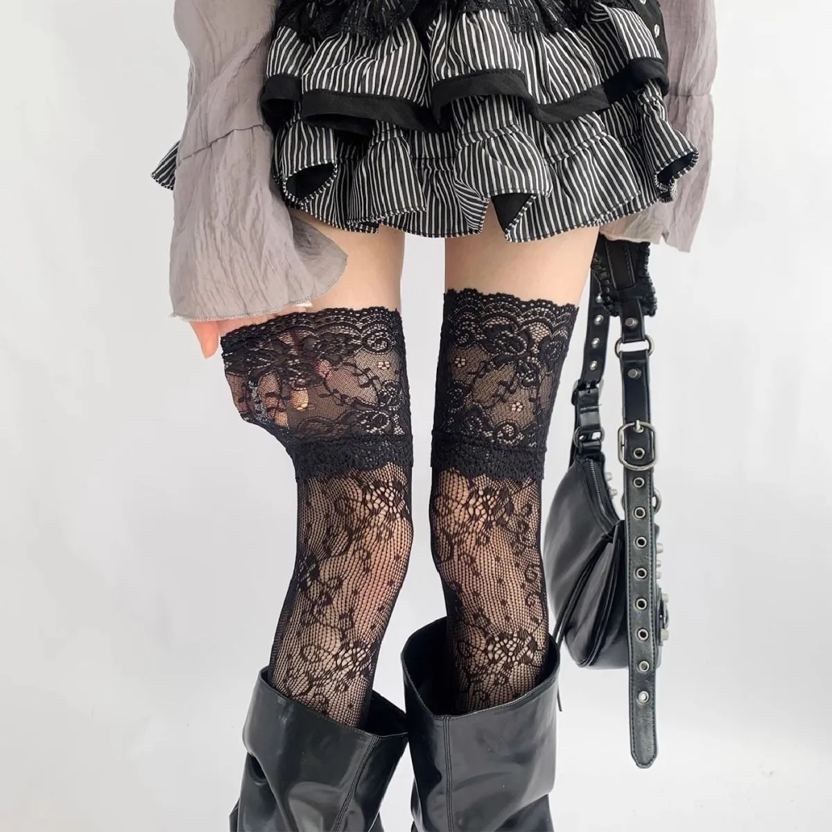 Koronkowe Podkolanówki Damskie za Kolano w Stylu Lolita Beżowy