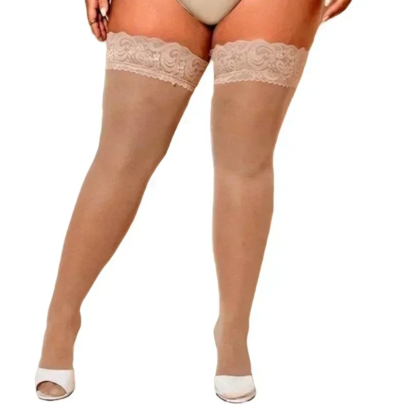 Koronkowe pończochy za kolano samozaciskowe — elastyczne kabaretki plus size Fuksja