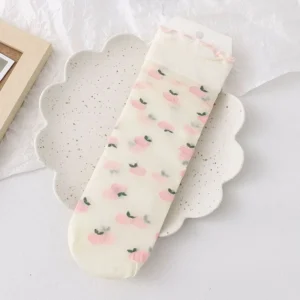 Koronkowe skarpetki damskie jedwabiste z kwiatami – przezroczyste kawaii Błękitny