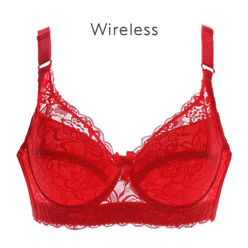 Koronkowy biustonosz bez fiszbin plus size — bralette, rozmiary 75–105 B/C/D Czerwony