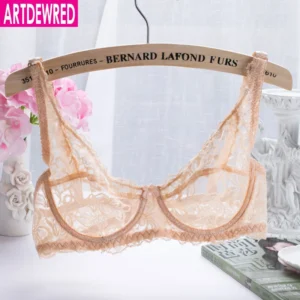 Koronkowy biustonosz bralette z bawełny w kwiatowy wzór Beżowy