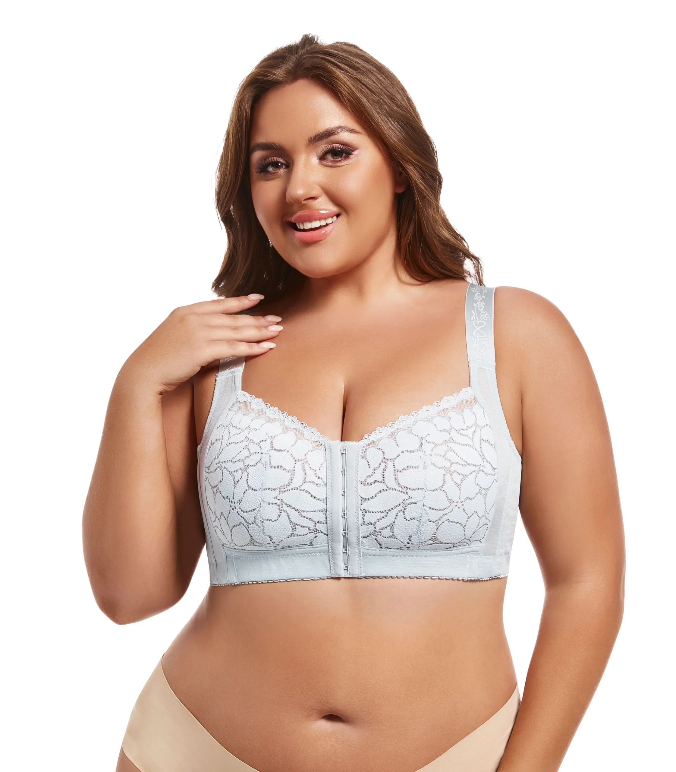 Koronkowy biustonosz plus size bez fiszbin z regulacją Błękitny