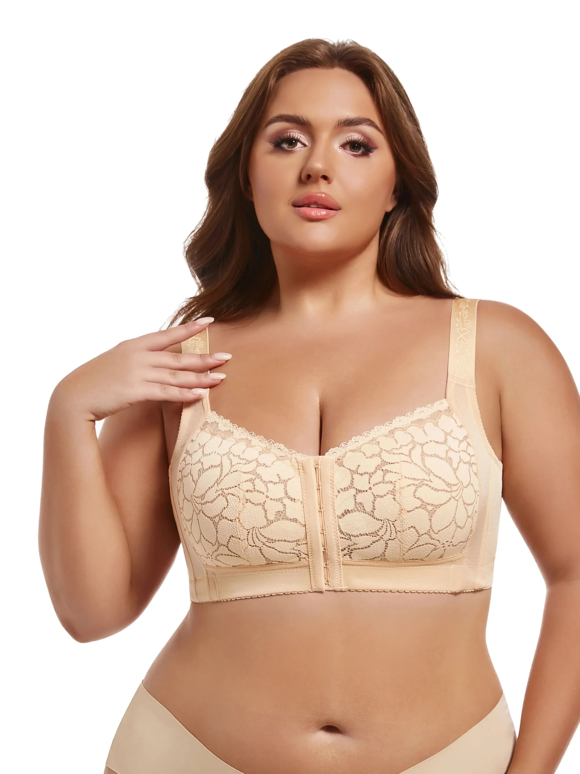 Koronkowy biustonosz plus size bez fiszbin z regulacją Khaki