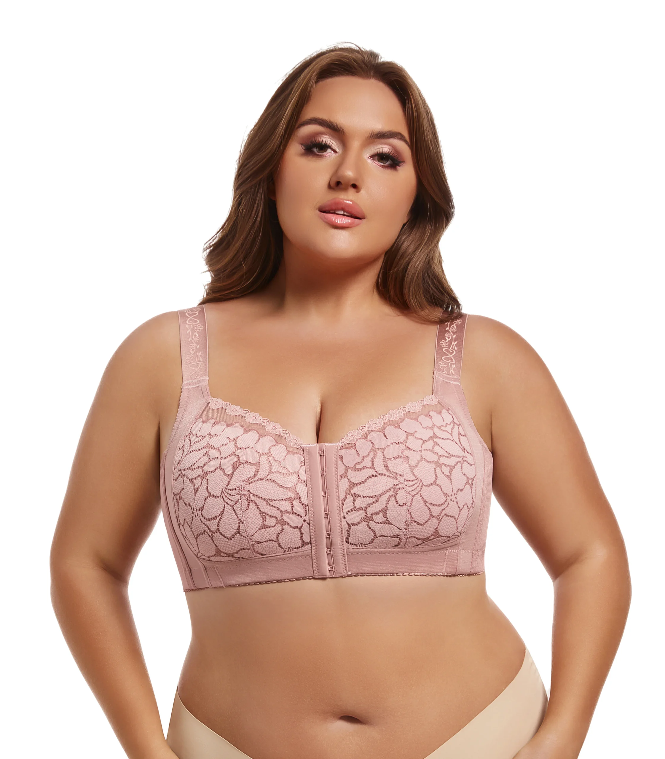 Koronkowy biustonosz plus size bez fiszbin z regulacją Różowy