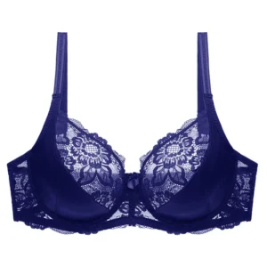 Koronkowy biustonosz z fiszbinami plus size, haft kwiatowy Błękitny