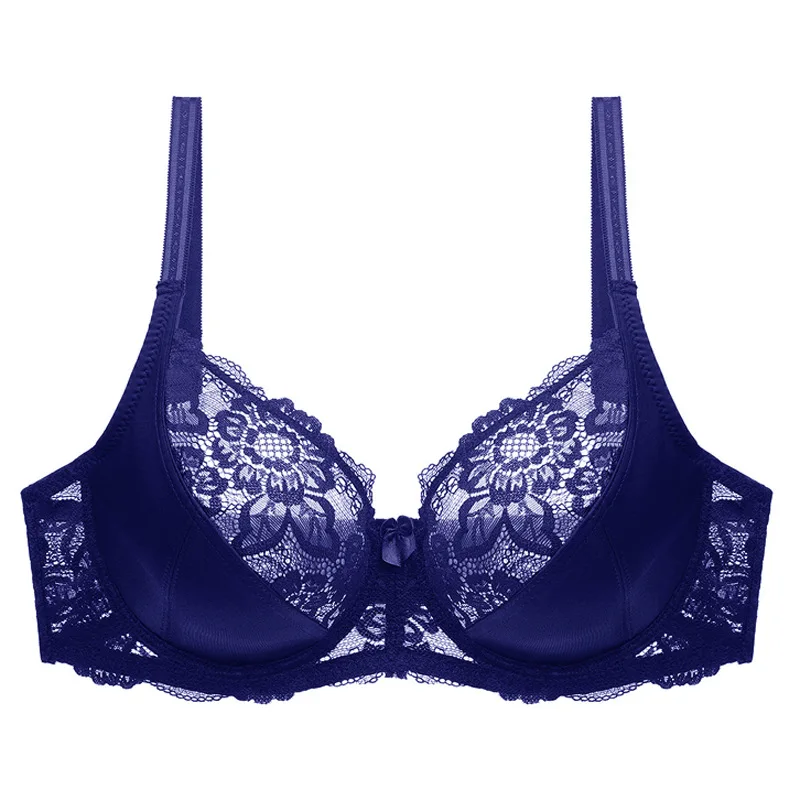 Koronkowy biustonosz z fiszbinami plus size, haft kwiatowy Błękitny