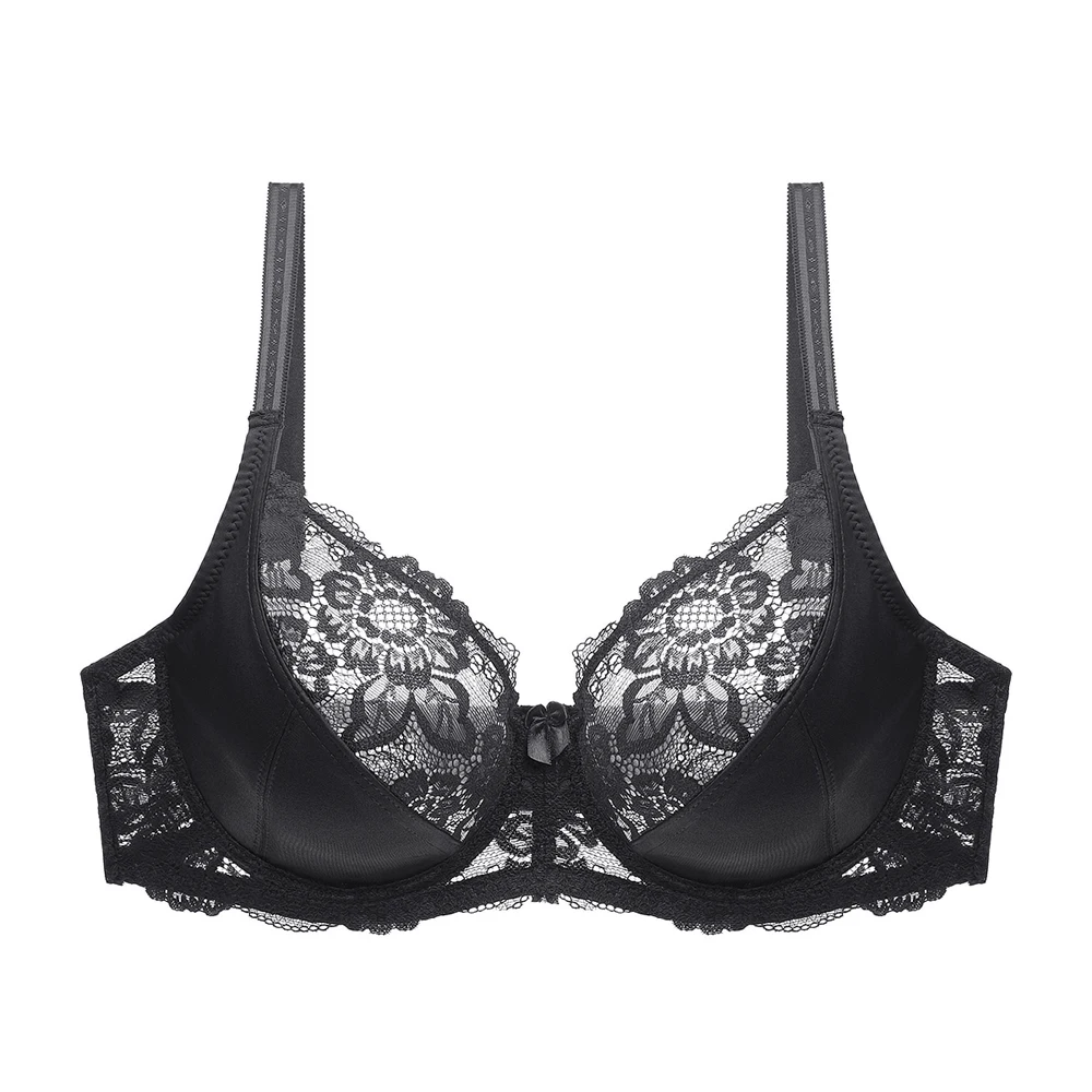 Koronkowy biustonosz z fiszbinami plus size, haft kwiatowy Czarny