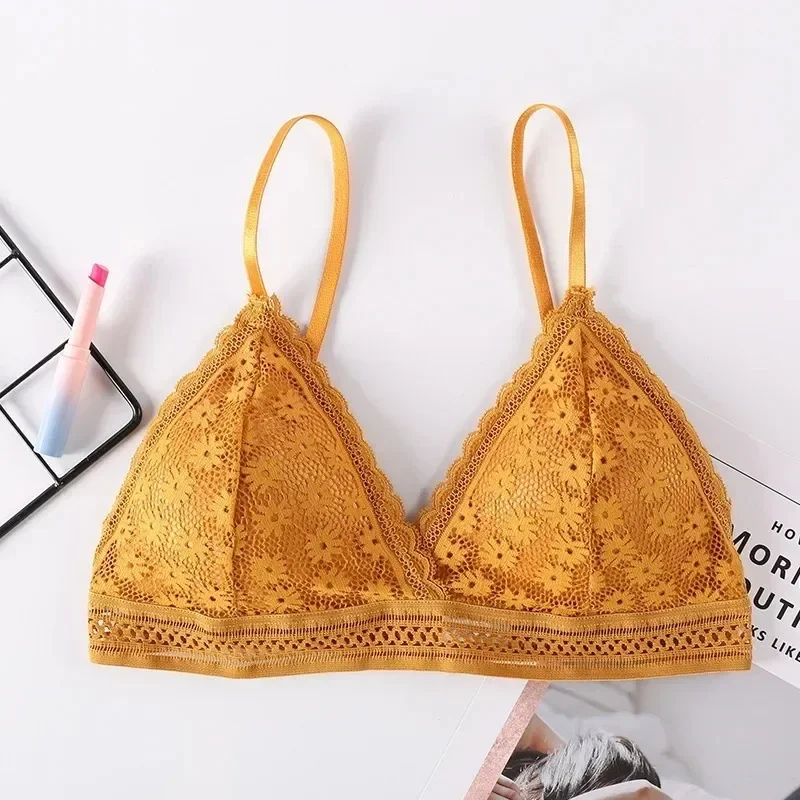 Koronkowy biustonosz push-up w kwiaty — bralette bez fiszbin żółty