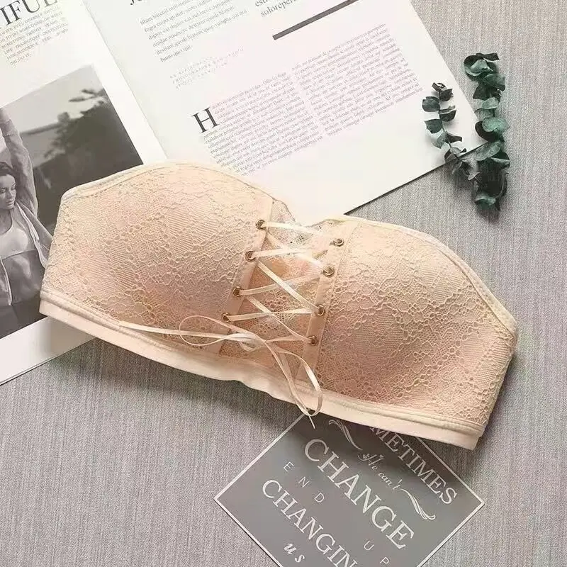Koronkowy biustonosz top tuba bezszwowy push up damski Beżowy
