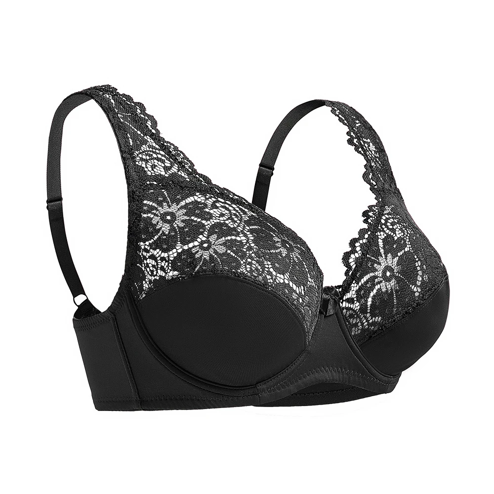 Koronkowy biustonosz z fiszbinami plus size, miseczki B-F Czarny