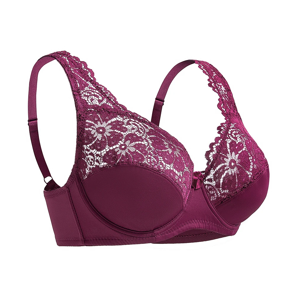 Koronkowy biustonosz z fiszbinami plus size, miseczki B-F Bordowy
