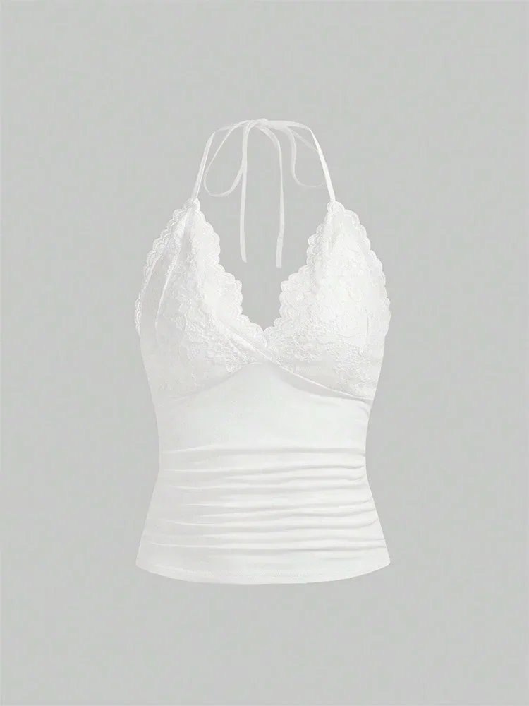 Koronkowy crop top damski z dekoltem w szpic Biały